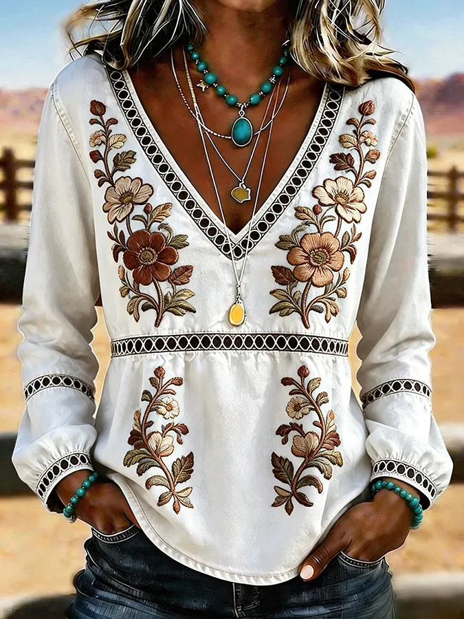 Women's Western Vintage Floral Print Casual V-Neck T-Shirt