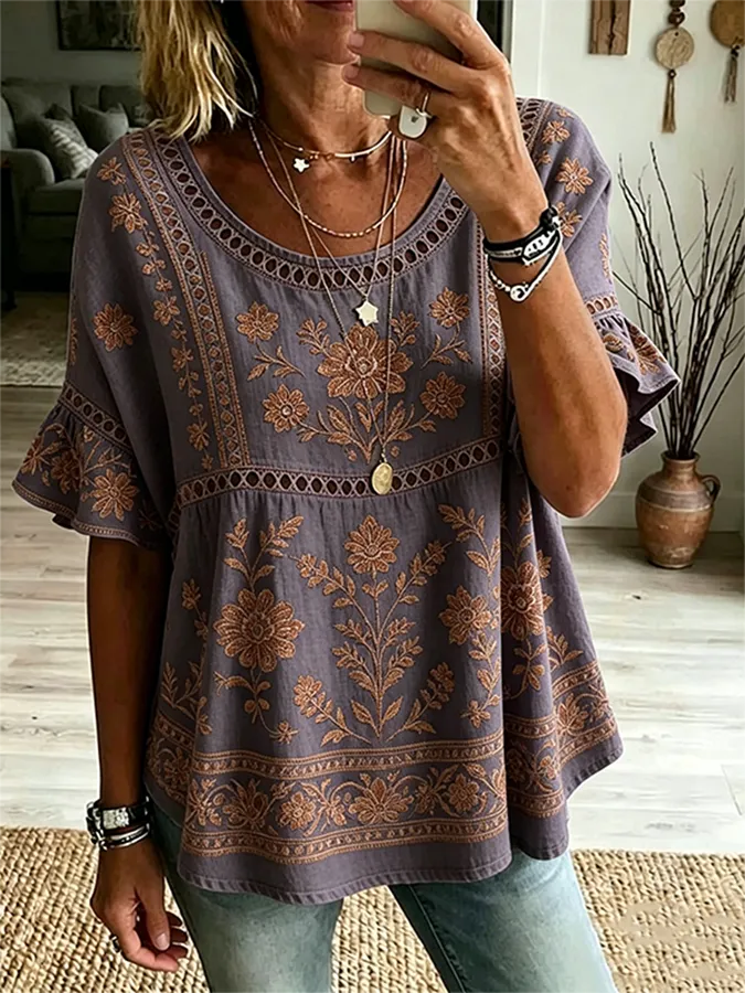 Women's Vintage Floral Print Trim Ruffle Sleeve Peasant Blouse