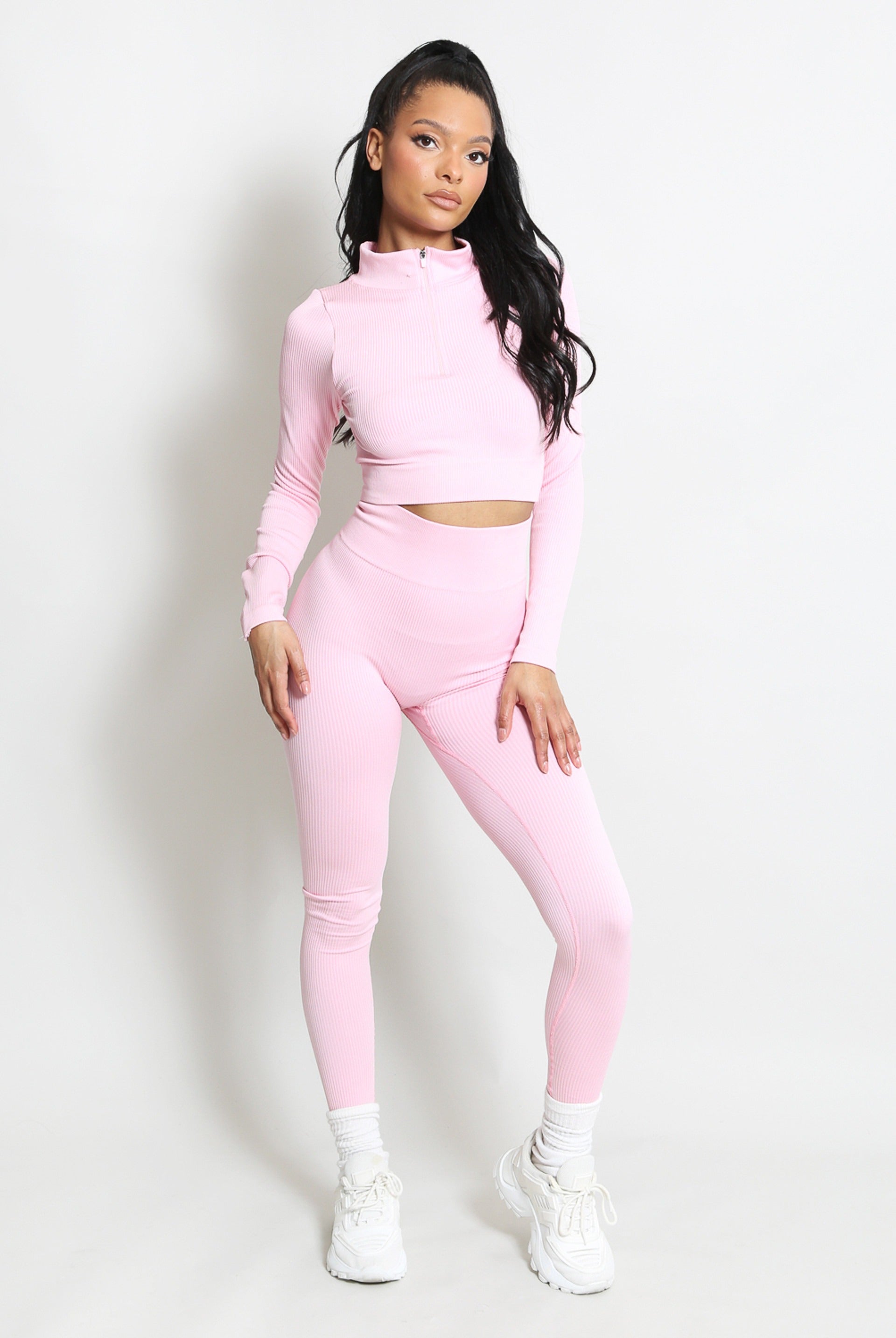 Ribbed Zip Top & Leggings Gym Set - Ruby