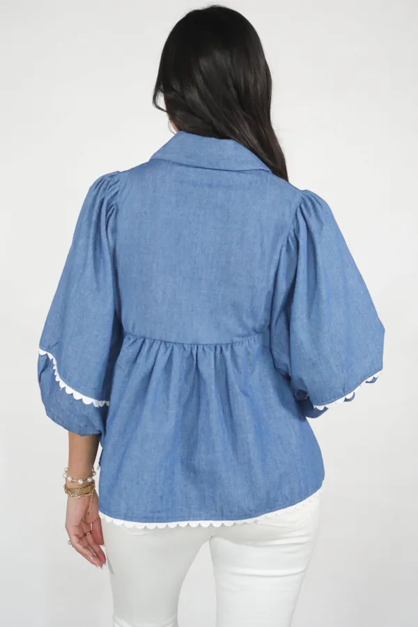 Dusk Blue Lace Ric Rac 3/4 Puff Sleeve Collared Babydoll Blouse