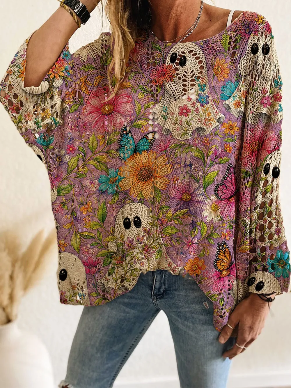 Halloween Long Sleeve with Diamond Cutout Bat Pumpkin Print