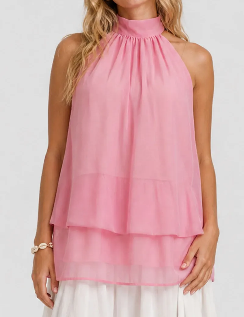 Chiffon Stand Neck Solid Color Ruffle Hem Sleeveless Top