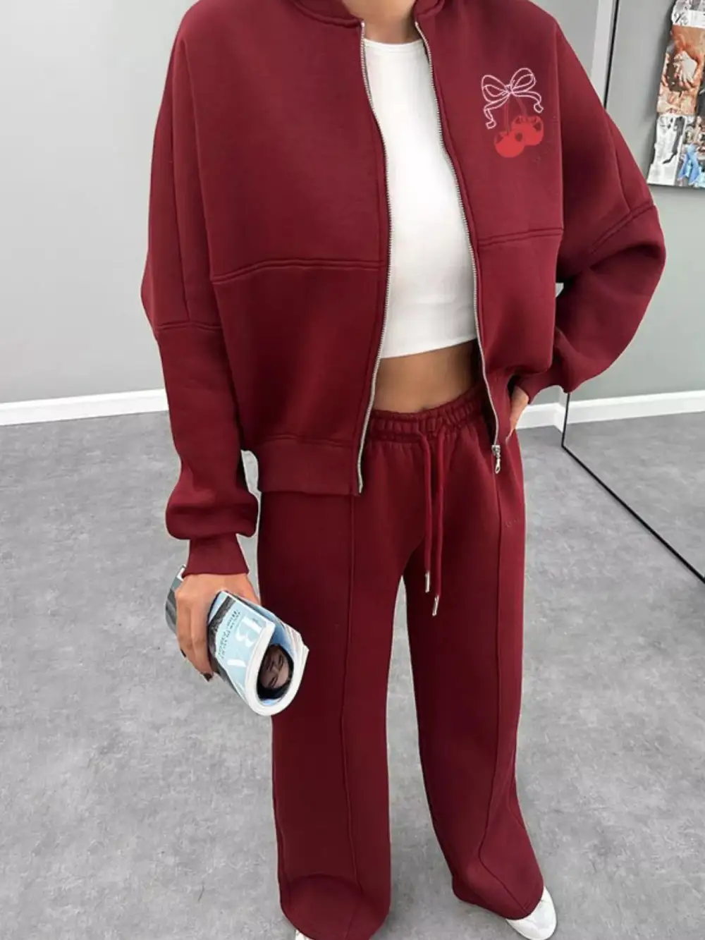 Zip Up Dropped Shoulder Outerwear and Pants Set