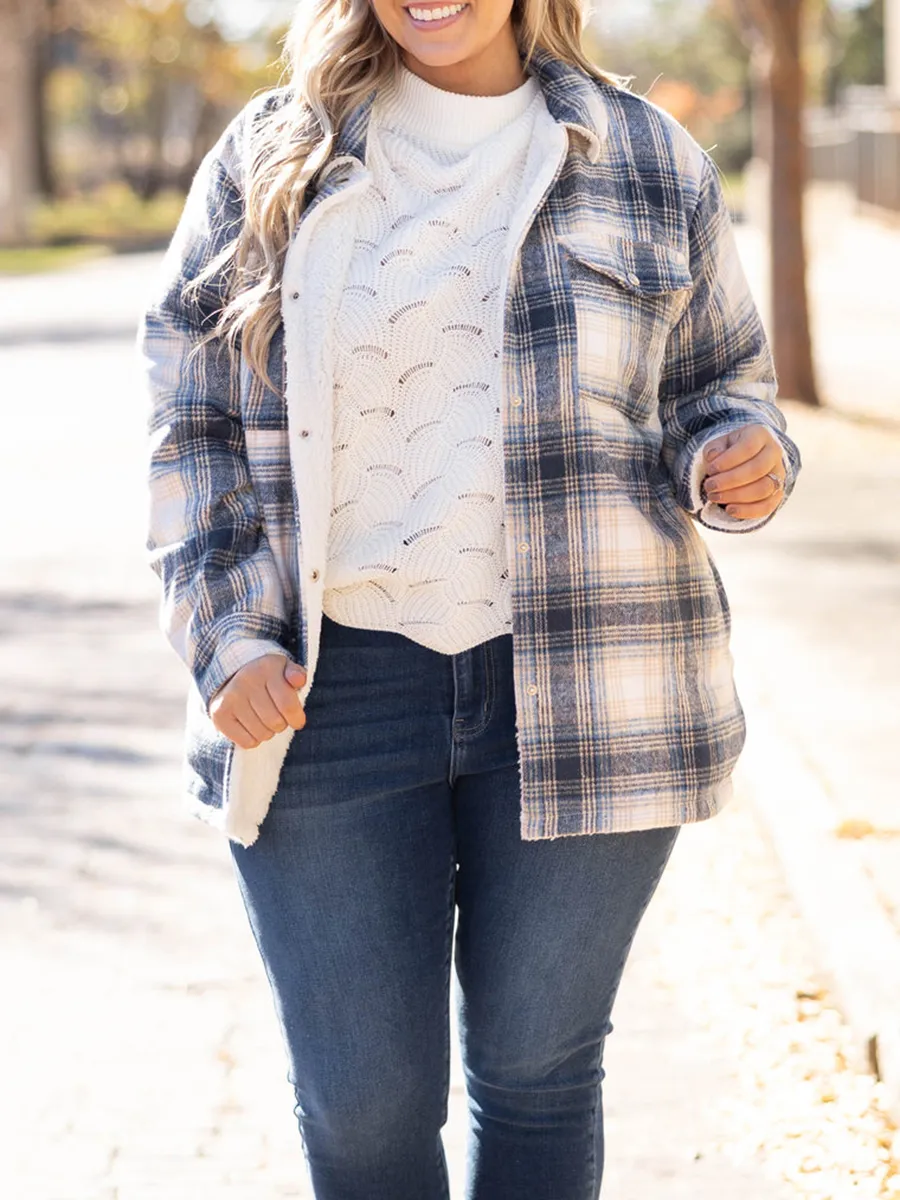 Blue Plaid Pattern Pocket Loose Plush Jacket