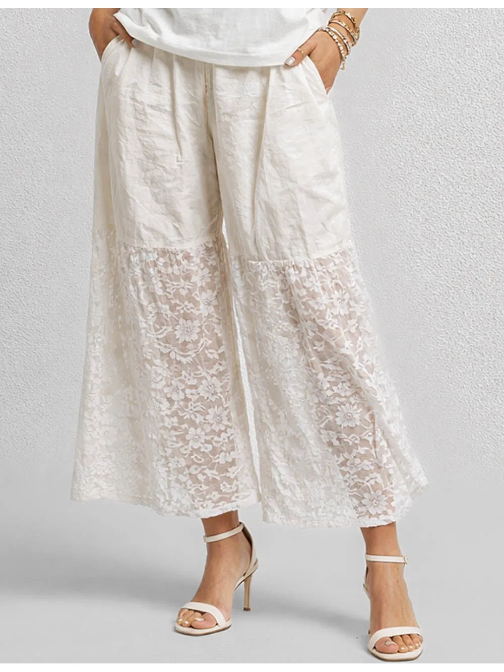 Elastic Waist Lace Panel Wide Leg Pants