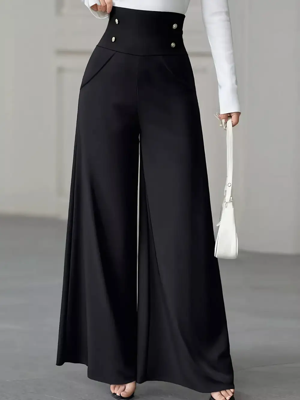 Everyday High Waist Wide Leg Button Decor Pants