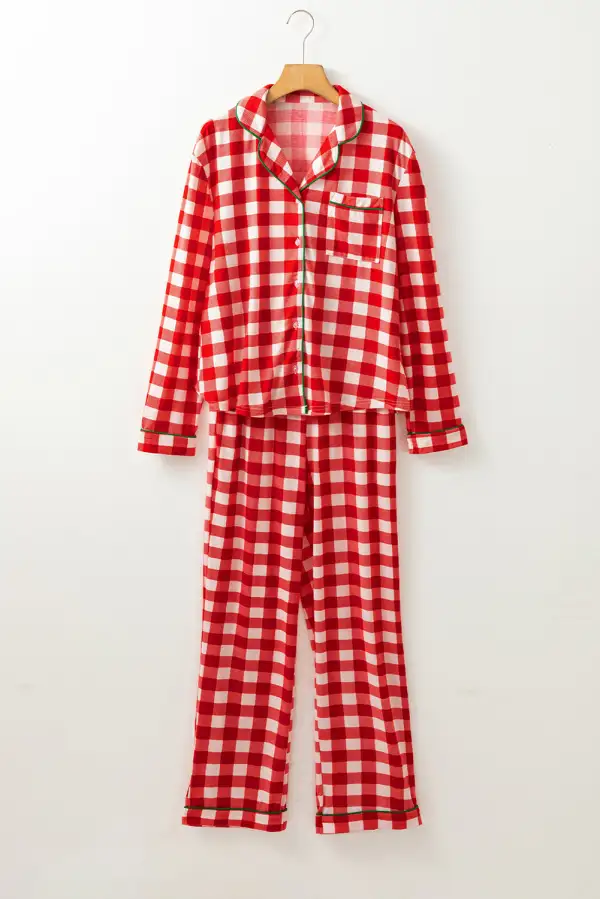 Plaid Collared Neck Long Sleeve Top And Pants Set