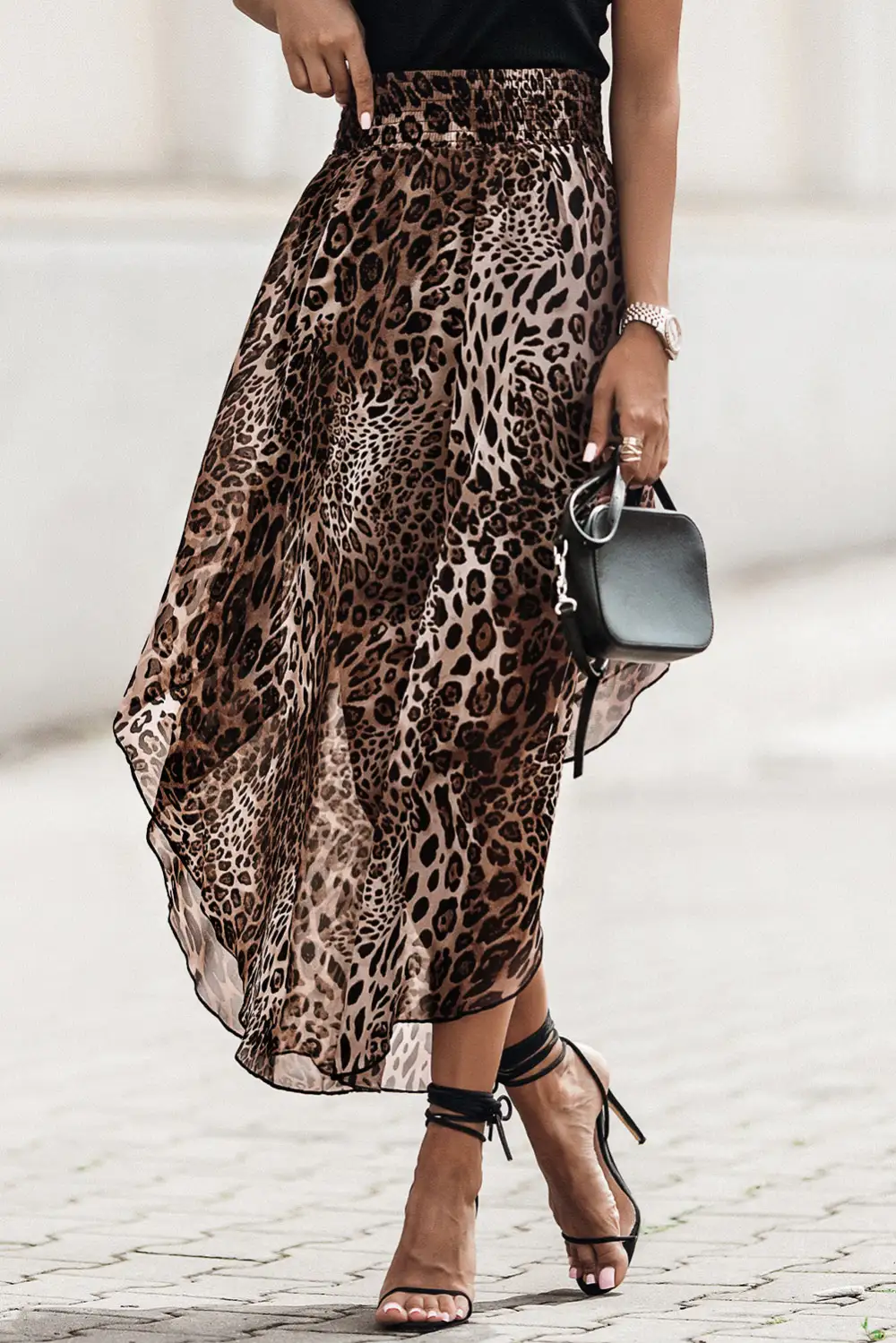 High Waist Leopard Smocked Skirt