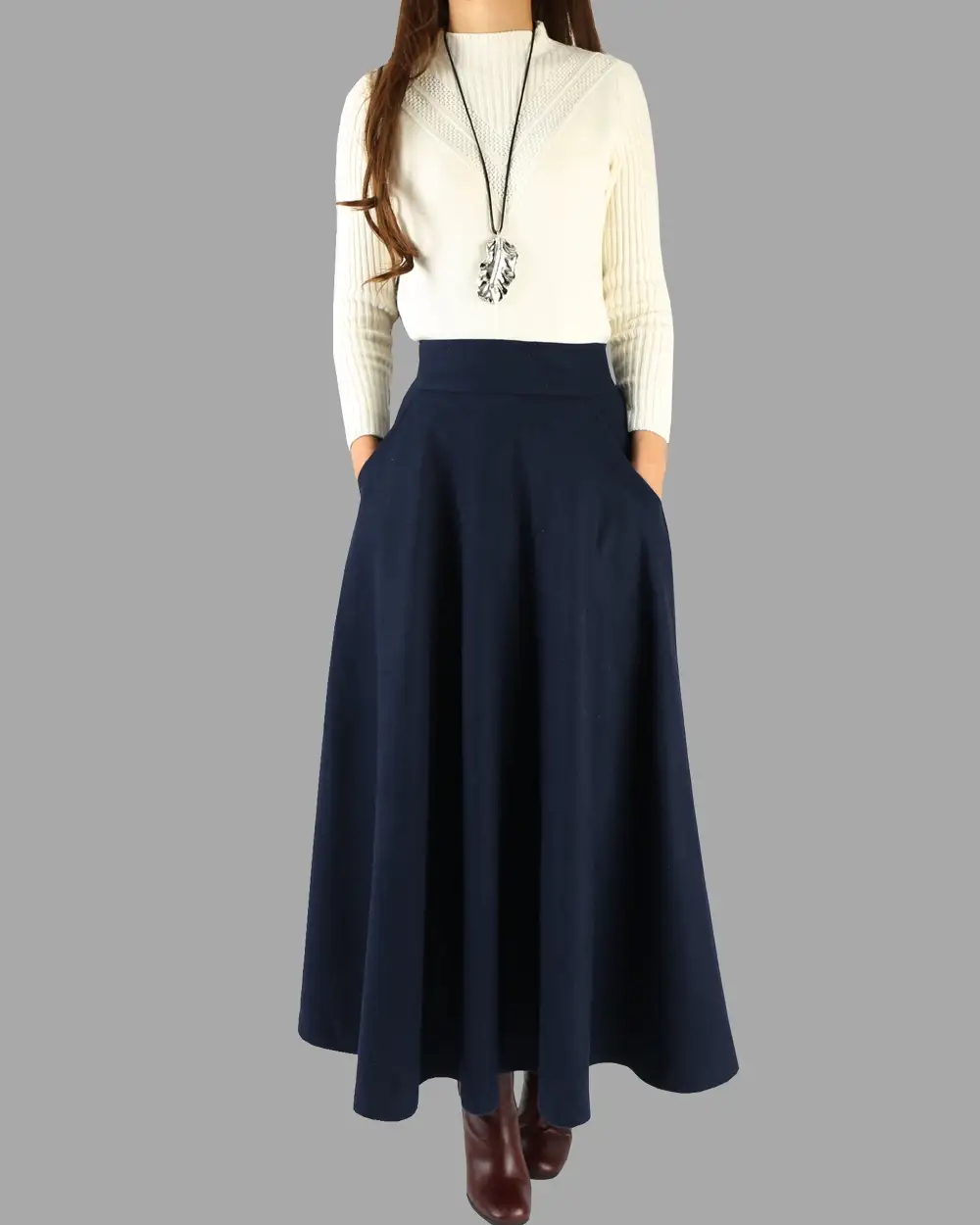 Casual Pleated Wool A Line Maxi Skirt