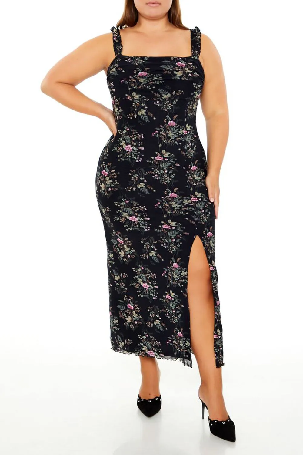 Plus Size Mesh Floral Maxi Dress