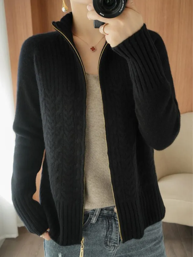 Women Wool/Knitting Plain Long Sleeve Comfy Casual Zipper Cardigan