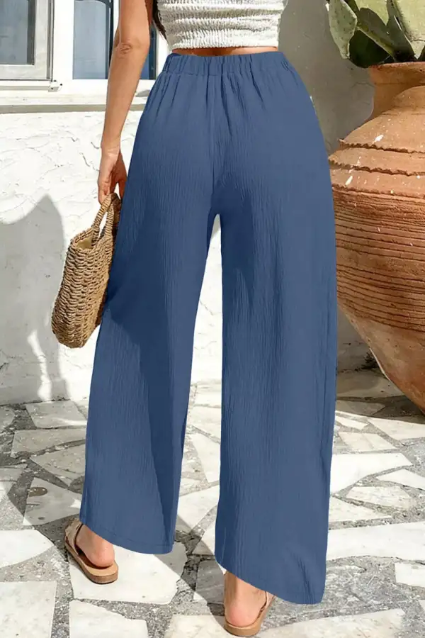 Solid Textured Crossed Waist Loose Pants
