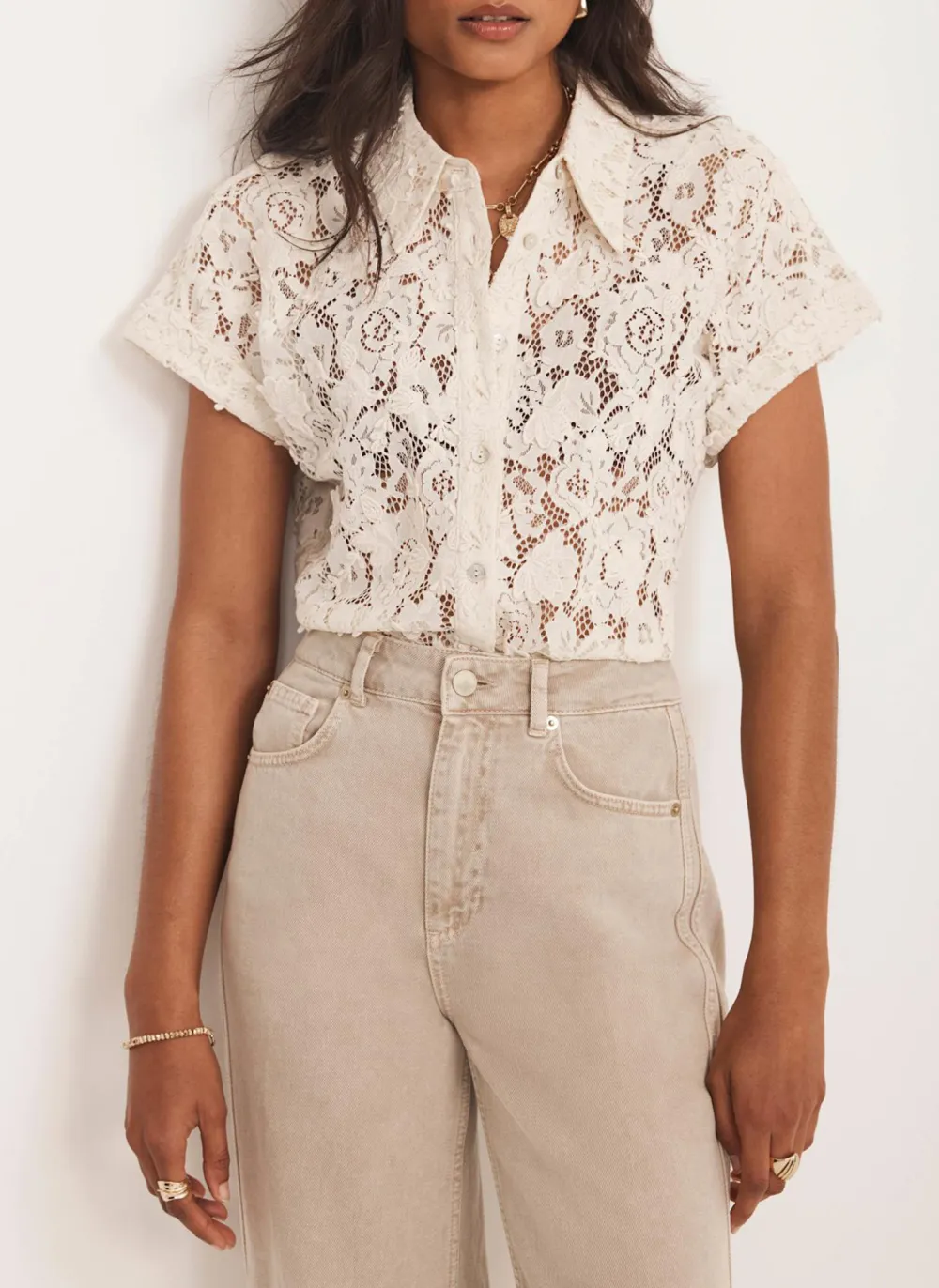 Casual Style Cream Lace Shirt