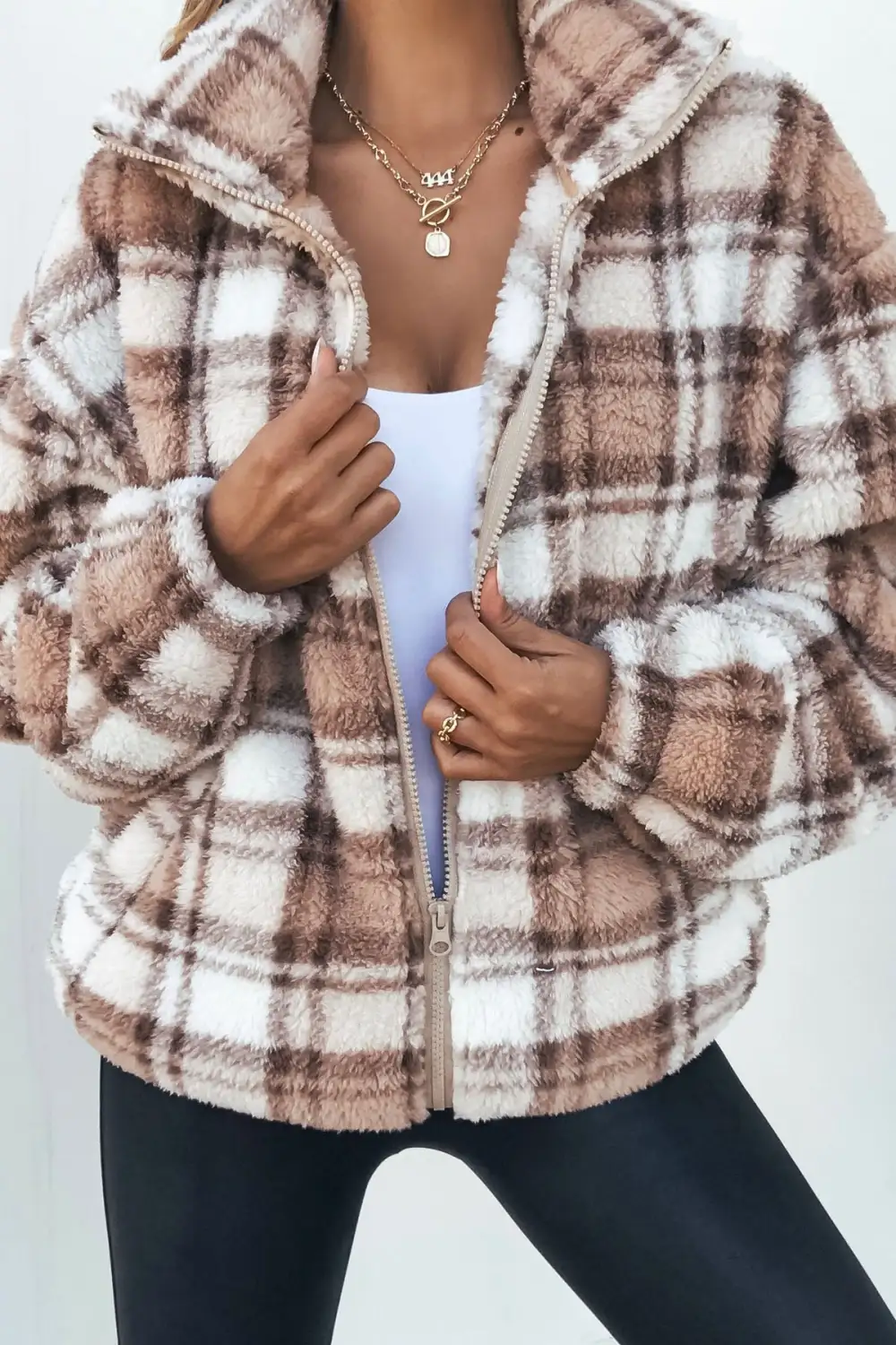 Fuzzy Brown Plaid Zip Up Jacket