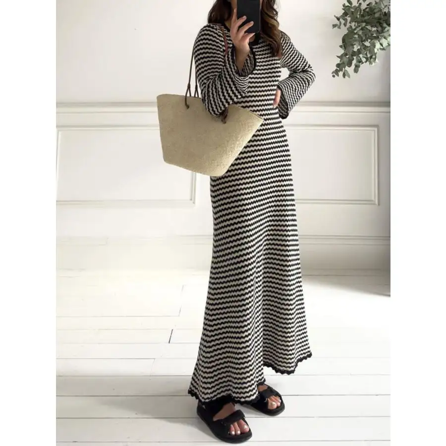 Devine Tied Round Neck Striped Sweater Dress