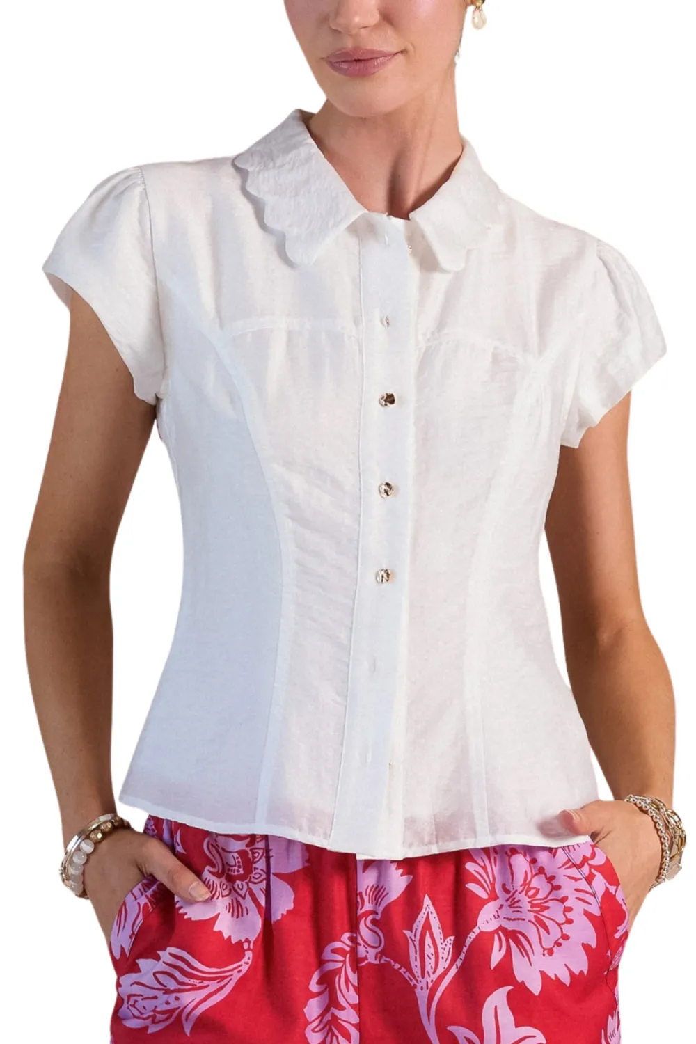 Button Collar Cap Sleeve Shirt