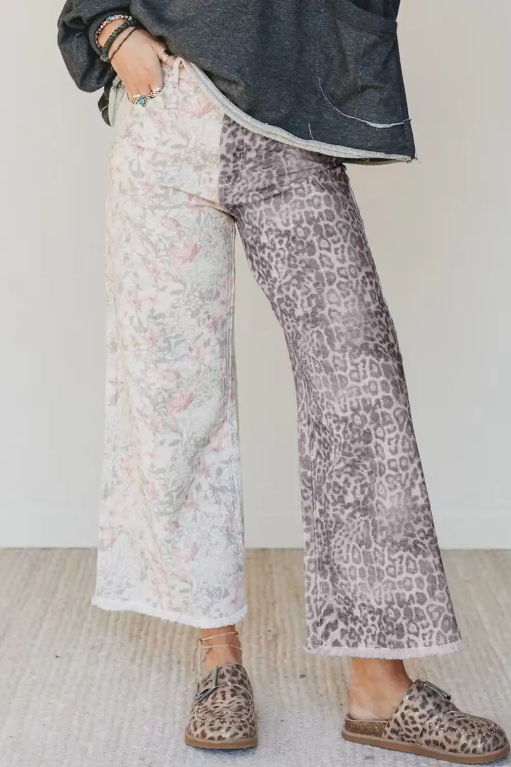Raw Hem Leopard Floral Multicolour Retro Jeans