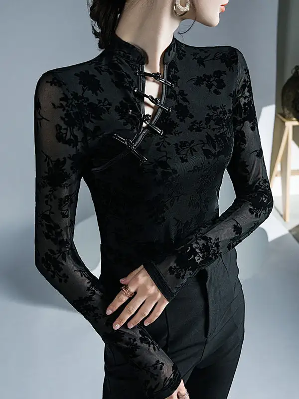 Long Sleeve Slim Fit Button Detail Floral Print Mesh Mock Neck T-Shirt