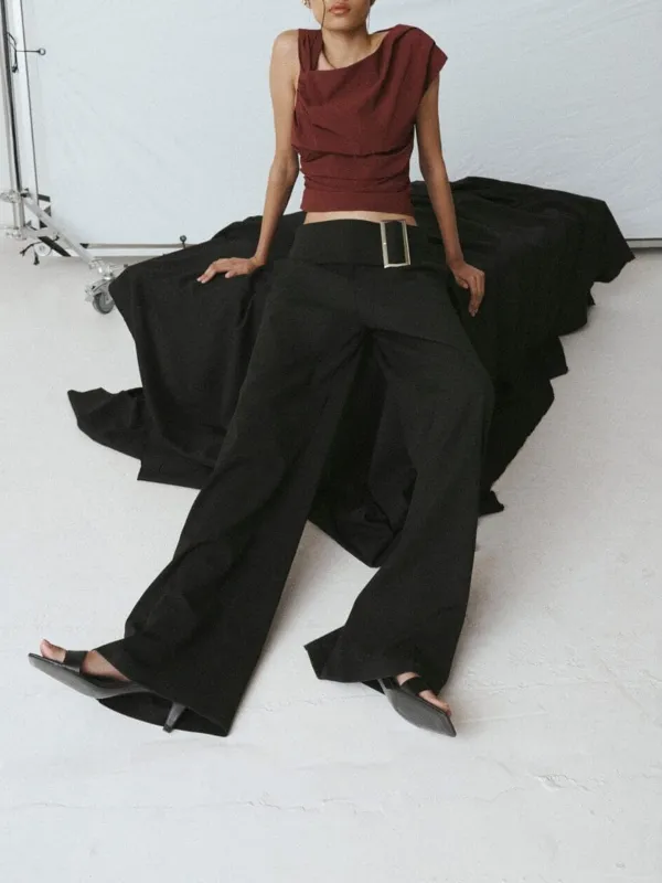 Low Rise Wide Leg Pants with Buckle
