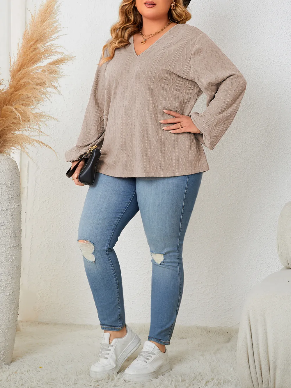 V Neck Loose Casual Long Sleeved Large Size Tops For Women