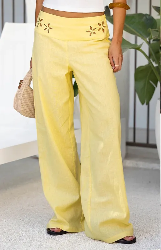 Pre-Order Yellow Floral Waist Wide-Leg Pants