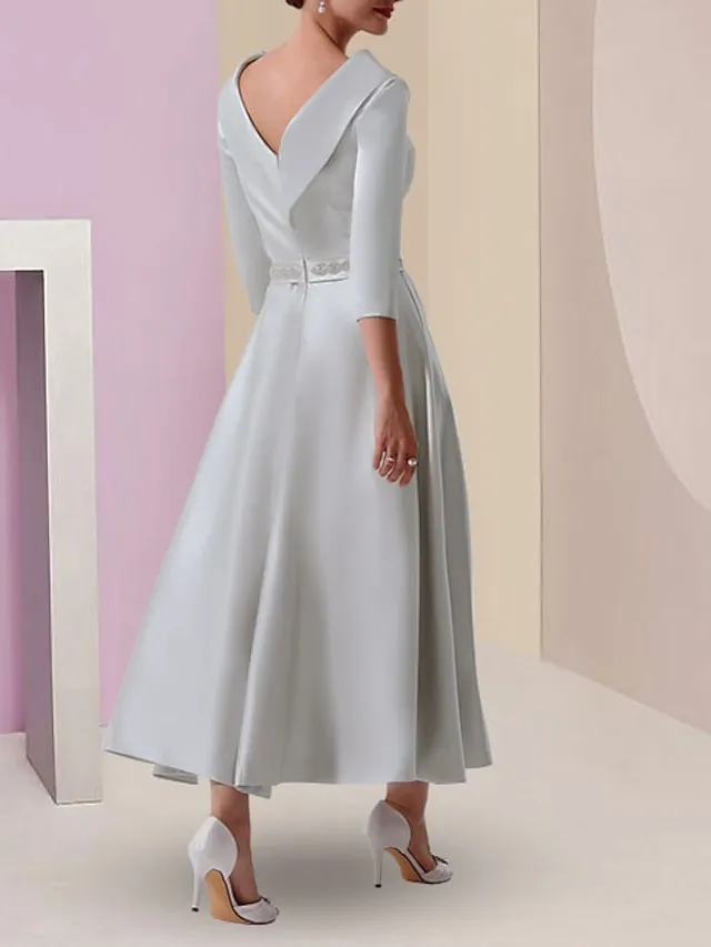 A-Line Mother of the Bride Dress Wedding Guest Elegant Vintage Plus Size Bateau Neck Tea Length Satin 3/4 Length Sleeve with Beading 2024