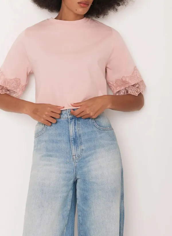 Casual Style Pink Cotton Lace Trim T-Shirt