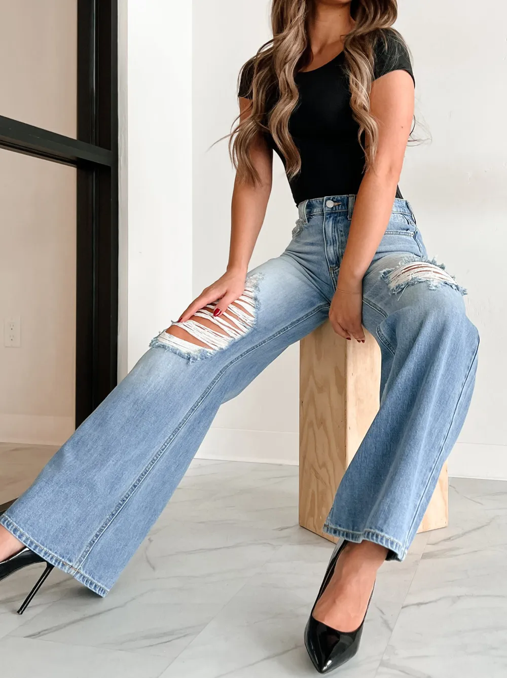 High Rise Distressed Wide Leg Sneak Peek Jeans