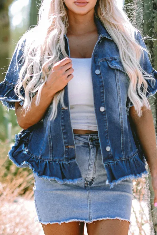 Ruffle Sleeve Cropped Denim Jacket