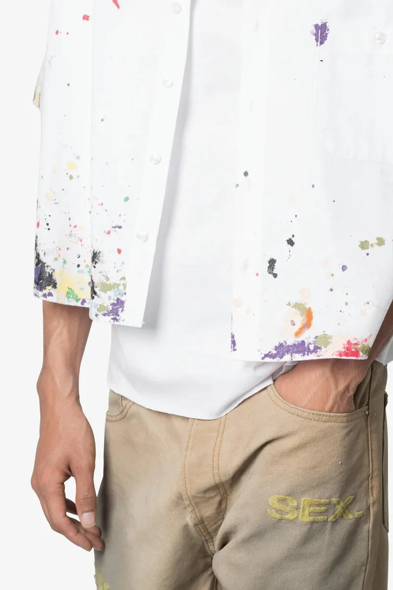 WHITE PAINT SPLATTER POPLIN SHORT SLEEVE SHIRT