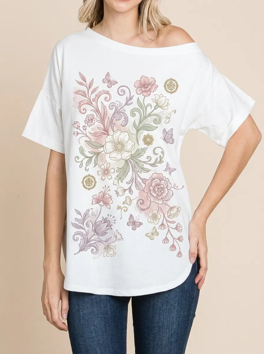 Women's Floral Butterfly Botanical Art Printed T-shirt