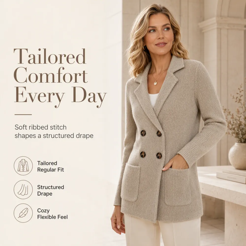 🌸Women's Double-Breasted Ribbed Knit Cardigan with Pockets and Notched Lapel