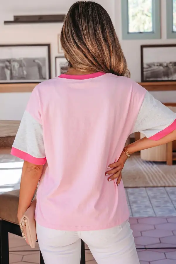 Embroidered Bow Detail Contrast Blocked Loose Tee