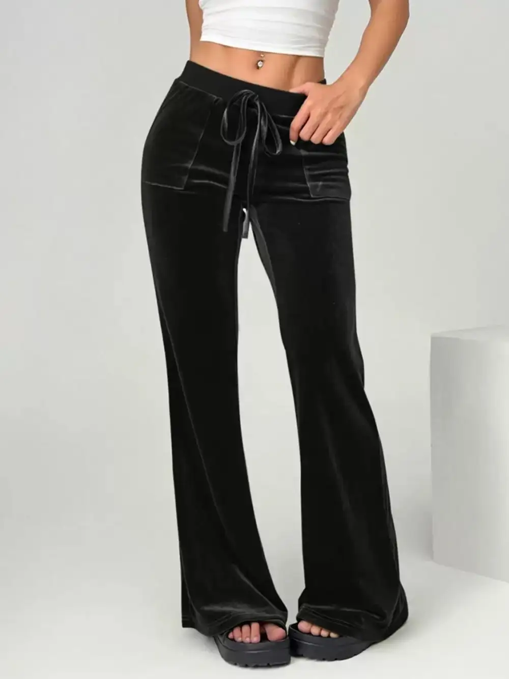 Velvet Flare Pants with Drawstring