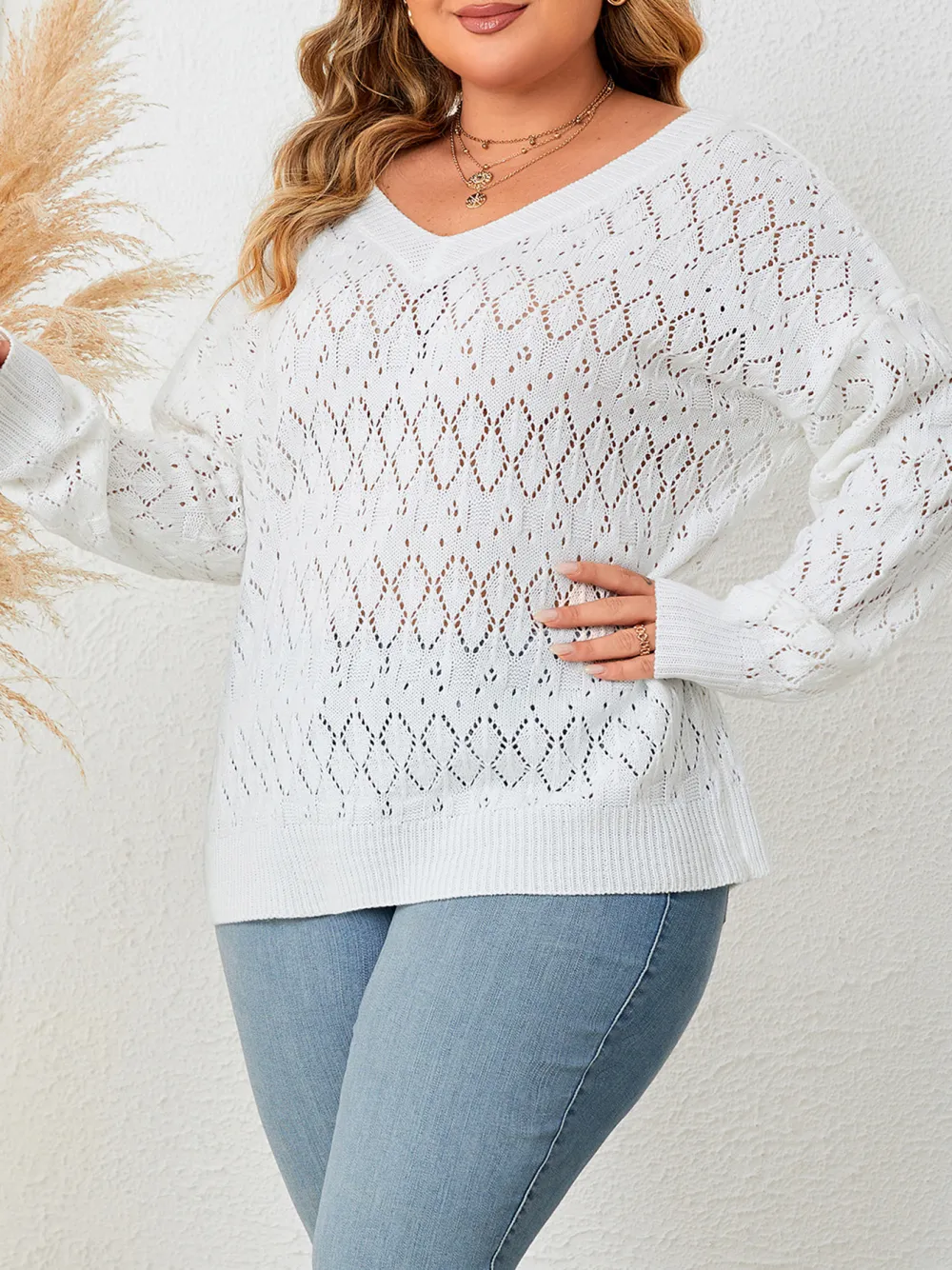 Pullover Sweater For Women With Large Size Hollow V Neck Top