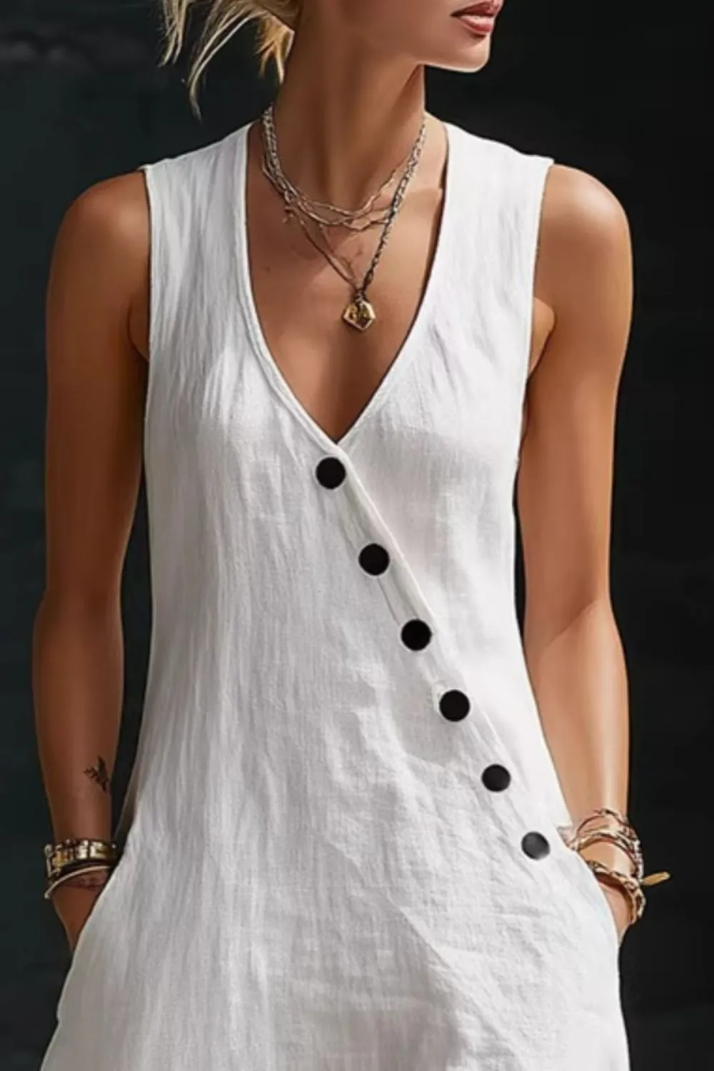 Drape Button Front Sleeveless Midi Dress