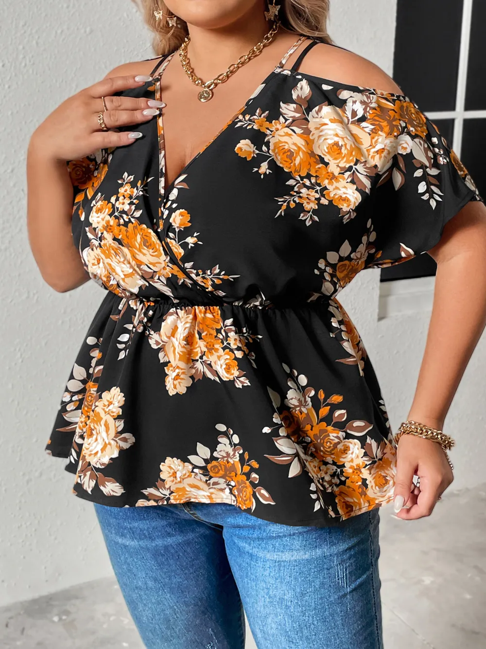 Large Size Tops V Neck Off Shoulder Waist Short Sleeves For Women