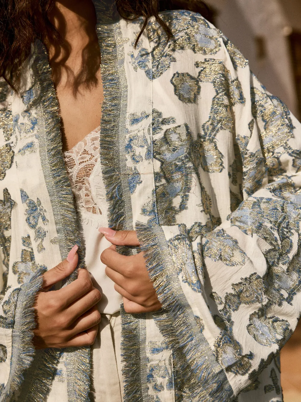 Ribbon-Cut Long Kimono Cardigan