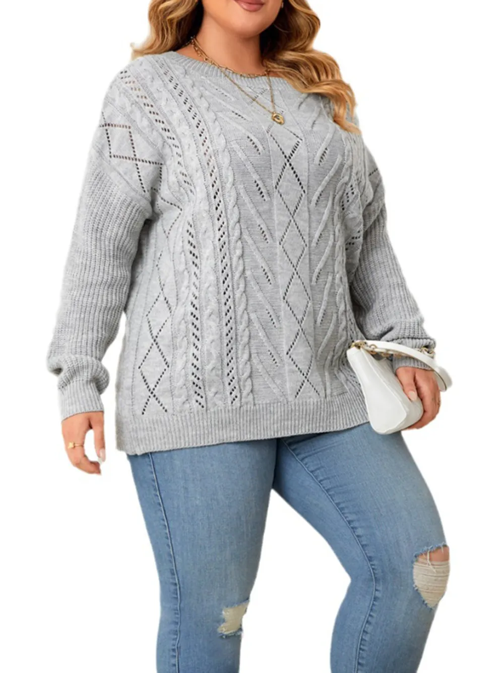 Women Plus Size Knitted Sweater Long Sleeve Off Shoulder Top