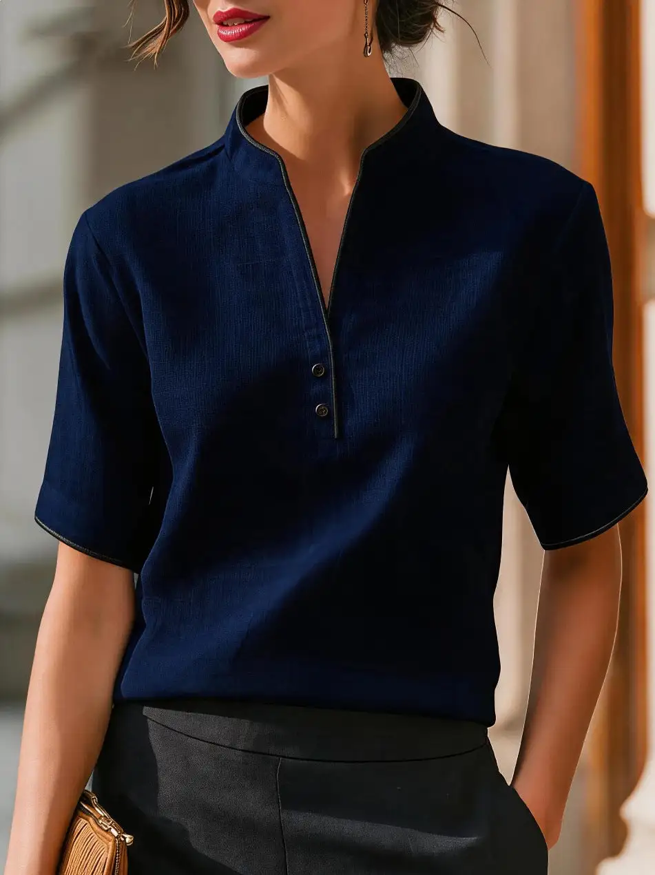 Stand Collar V-Neck Blouse