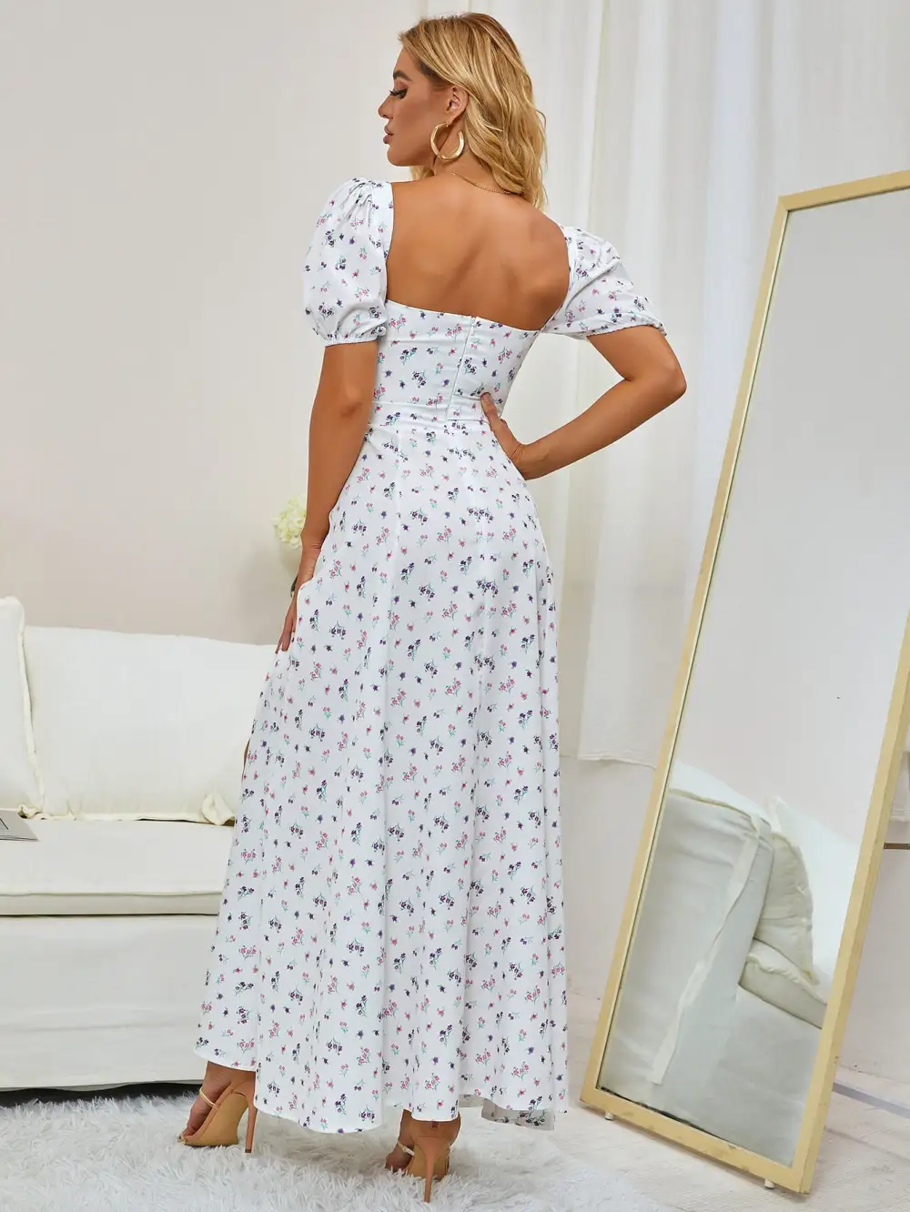 Puff Sleeve High Split Floral Print Dress