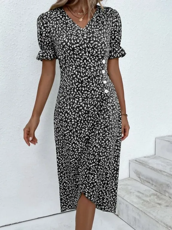 Women Vacation Floral Print V Neck Button Dress