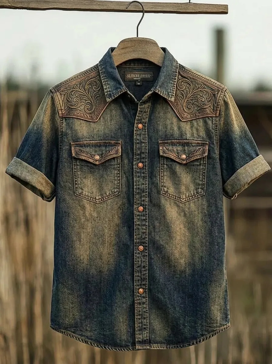 Men's Western Style Floral Tooled Leather Print Denim Shirt
