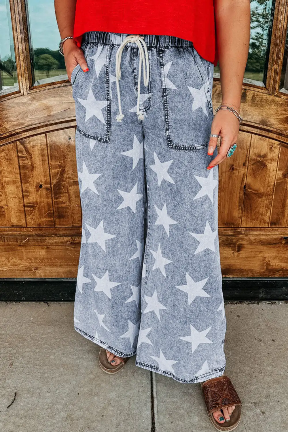 Star Print Light Wash Drawstring High Waist Wide Leg Jeans