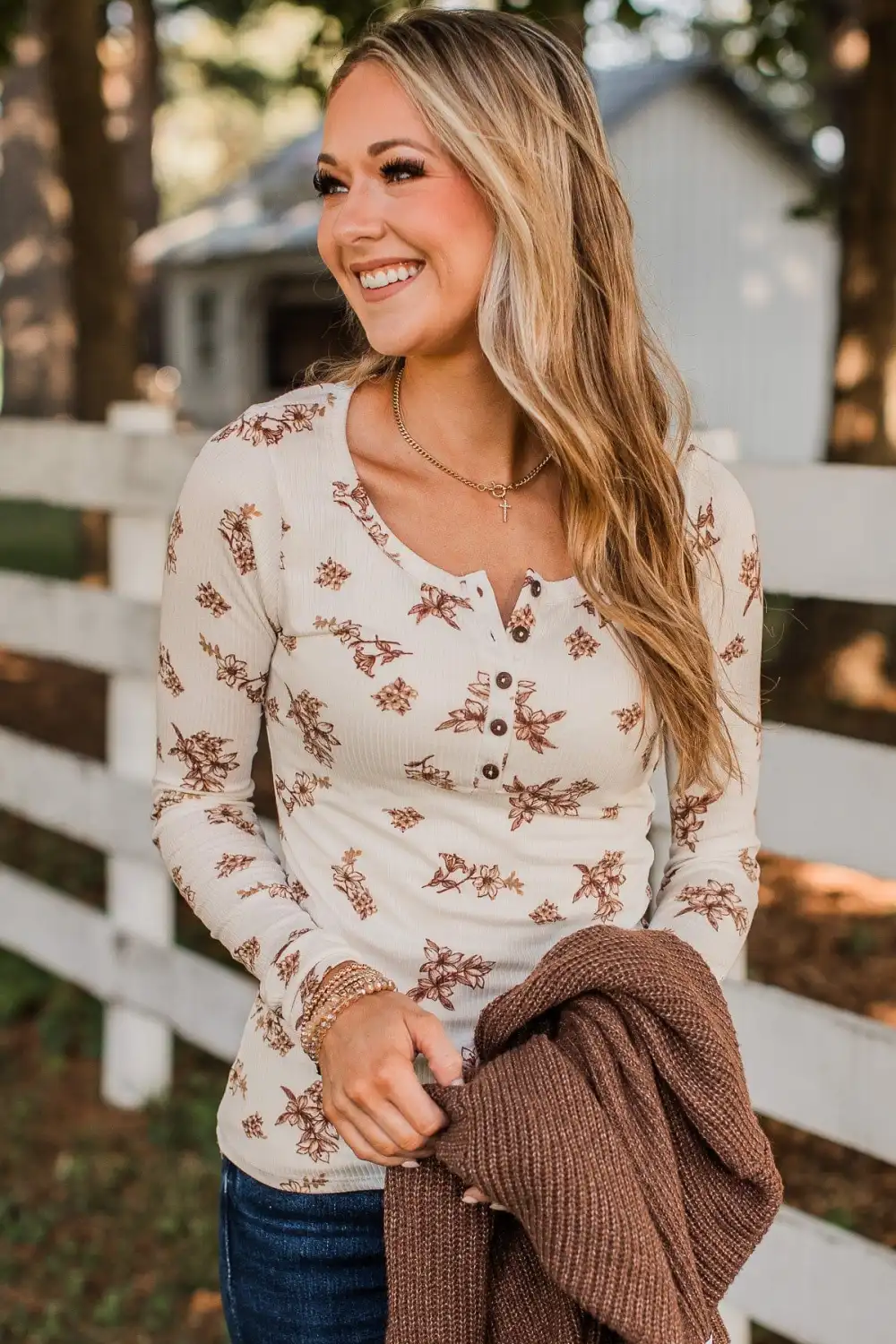 Piercing Beauty Floral Henley Top- Ivory