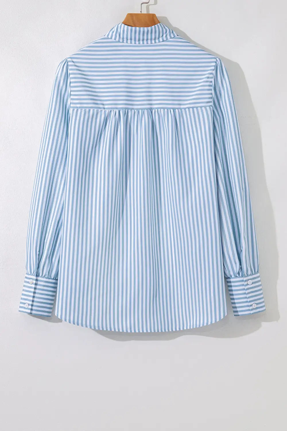 Sky Blue Stripe Shirred Detail Half Placket Collared Long Sleeve Fall Shirt