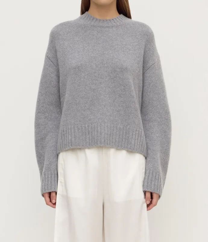 Gray Marle Cashmere Crew-Neck Knit Sweater