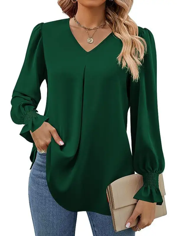 Pleated Chiffon V-Neck Blouse