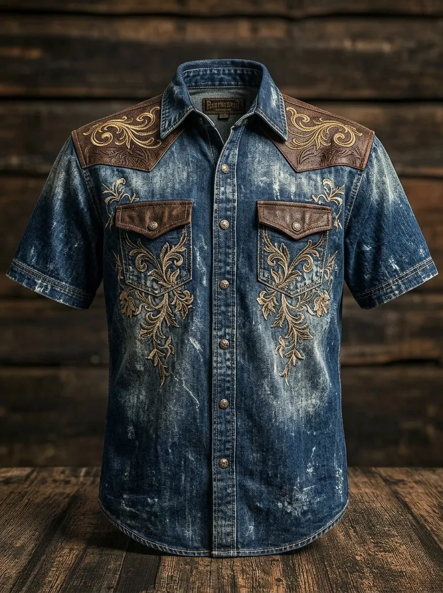 Men's Western Cowboy Floral Embroidered Distressed Denim Shirt-2
