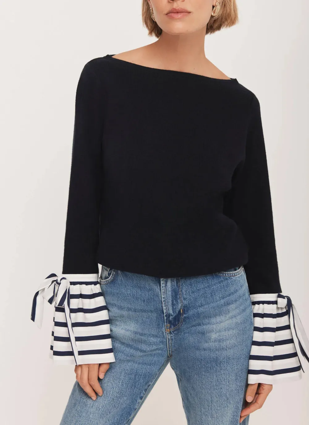 Casual Style Navy Cotton Striped Cuff Jumper